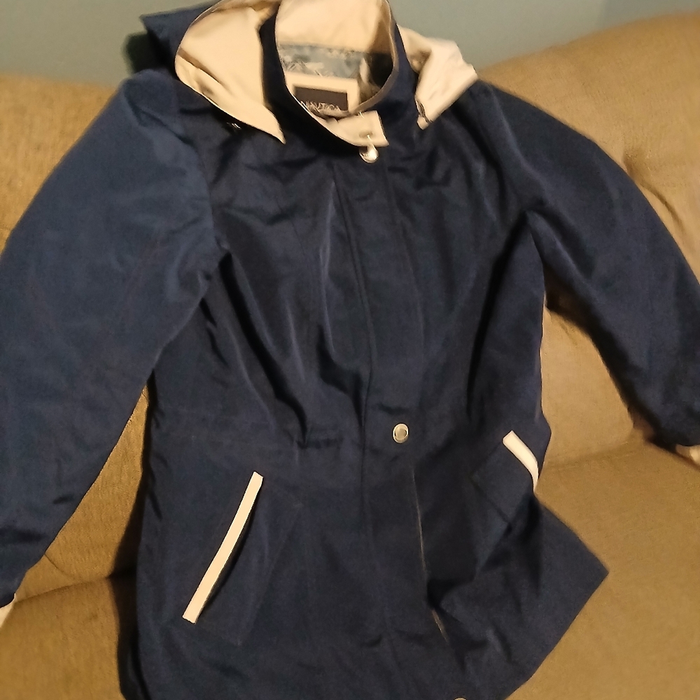 Nautica Women's Dark Blue Jacket with Tan Accents And Hood  Size Medium